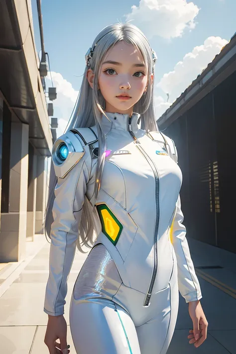 ((masterpiece, best quality, extremely detailed), volumetric lighting, ambient occlusion, colorful, glowing), 1girl, solo, young girl, (silver hair), long hair, halo, aura, sacred, goddess, cyber suit, (white outfit:1.3), outdoors, sunset, sky, clouds, spa...