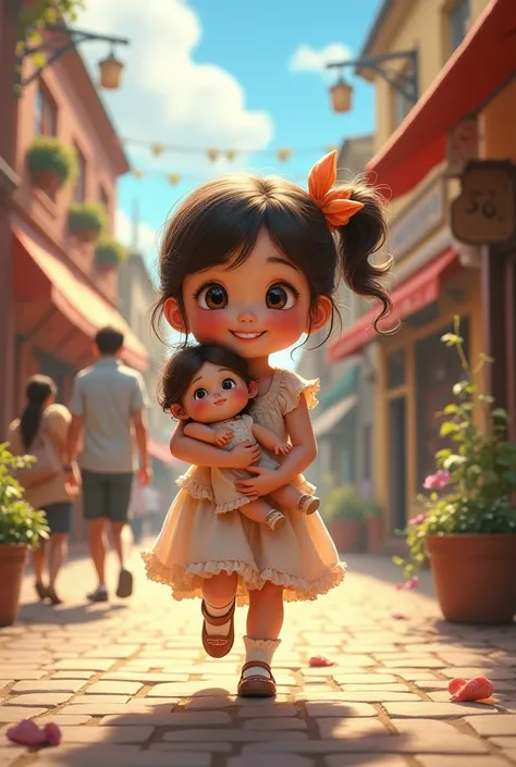 A baby girl with a doll in town