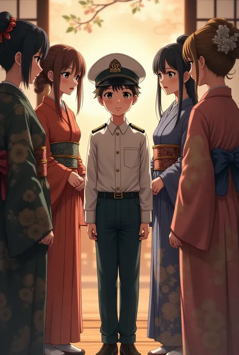 A boy wearing a military hat  , with 4 rich girls in a yakusi 