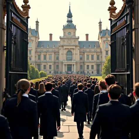 Background School in London. Front gate, elite school, aesthetic building, morning,Many students are walking, students in black and white uniforms, facing backwards.