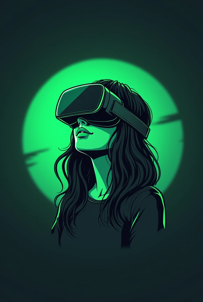  Create a logo of a girl wearing virtual reality glasses without plagiarism with a title that says Lets talk about games and slogan Its just my opinion ,  in Spanish and with the color palette green , blurred green and black  