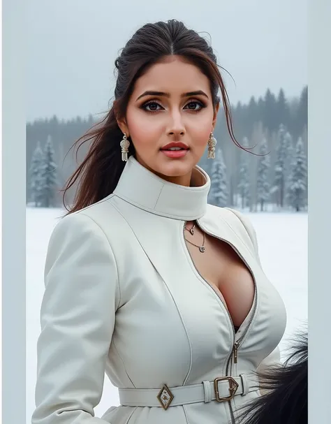 A snow suit and riding in a horse,cleavage,full body,front view,big boobs,cleavage,standing position,mrunal thakur,cleavage,angry face,ponytail,red lipstick,realistic
