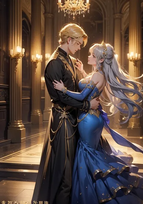  Perfect Composition 。 oblique angle 。Portrait of two men and women 。 One Prince and One Princess dancing at a gorgeous ballroom in an old castle 。 theyre both 25 years old and 、They have grown up 、 they are dancing 。 the prince has short golden blond hair...