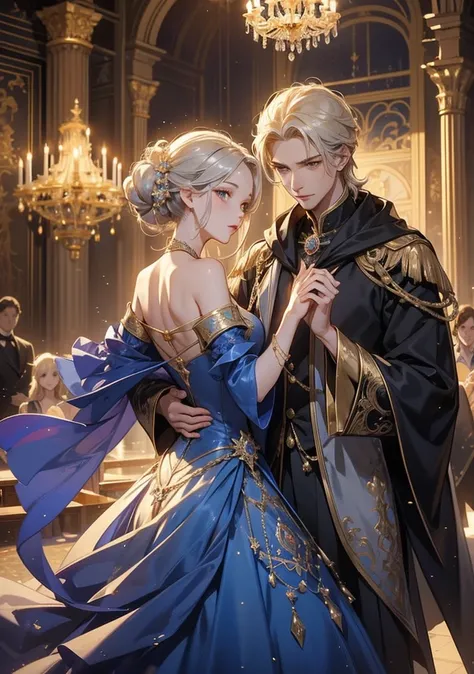  Perfect Composition 。 oblique angle 。Portrait of two men and women 。 One Prince and One Princess dancing at a gorgeous ballroom in an old castle 。 theyre both 25 years old and 、They have grown up 、 they are dancing 。 the prince has short golden blond hair...