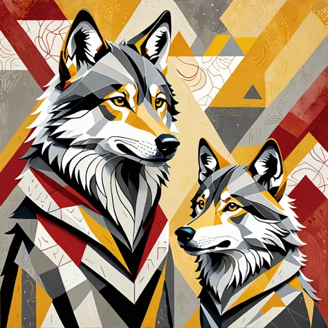 A painterly artwork featuring an anthropomorphic wolf parent and , with warm expressions and a tender atmosphere. The background consists of abstract geometric patterns in shades of yellow, red, and gray. The composition feels soft and inviting, with textu...