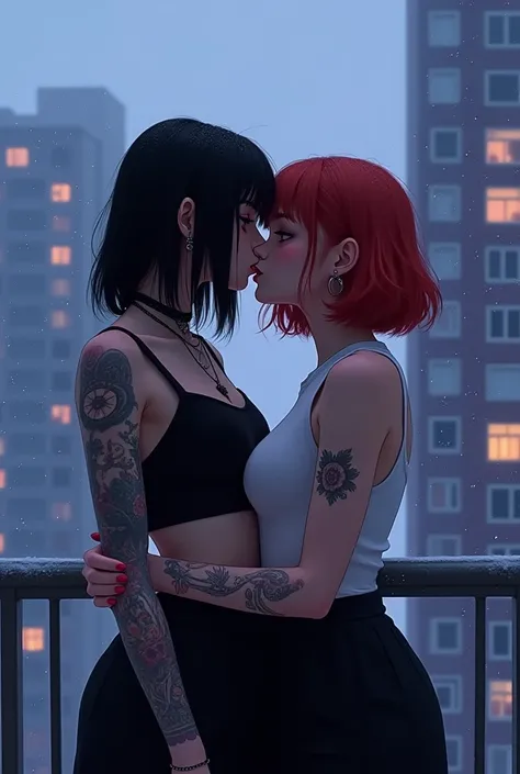  One girl with black straight hair up to her shoulder blades and a curtain in a black top with harnesses ,  tattoos on her neck and all over her left arm , on the side, on the back,  on her chest ,  in black wide pants kisses a second girl with shoulder le...