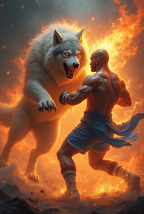 a Muay Thai ,  with a muscular body , light blue and white,  fighting wolf with red eyes and fire around him