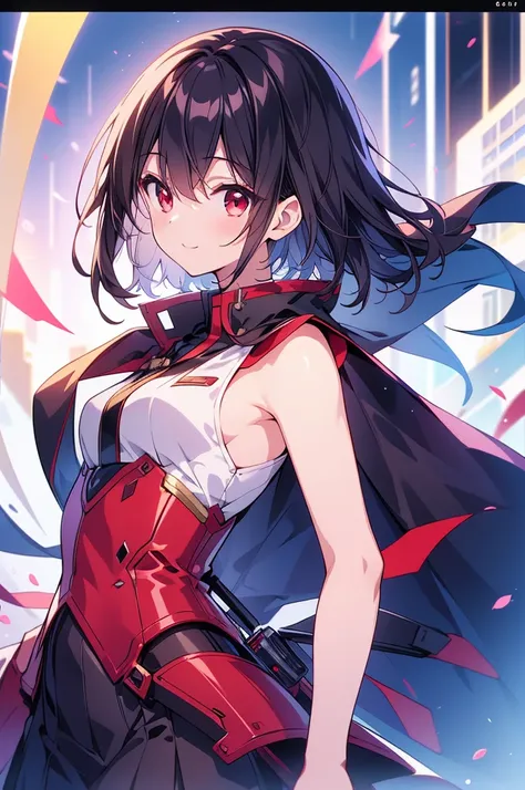 masterpiece, highest quality, highest quality, (no text), Beautiful and aesthetic:1.2),no text,anime、break,anime、break、 one girl、 dark haired girl short hair　 Slit Eyes Boyish 　adult　 beautiful eyes　red eyes, cool smile　uniform full body outdoor