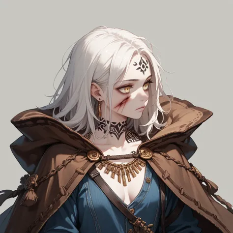  Make a female character with white hair ,  yellow eyes , pale skin,  and black spots under her eyes ,  she has several tattoos on her body with black lines.  She has several red scratches on her body ,  she wears black and brown rags ,  forming a cloak ar...