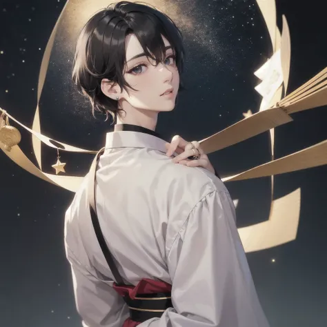 Masterpiece, high quality, beautiful eye, beautiful lip, man in his 20s white and black short hair, beautiful background ring on top of the head, night time, shine from the back, stars at the back, korean traditional cloth