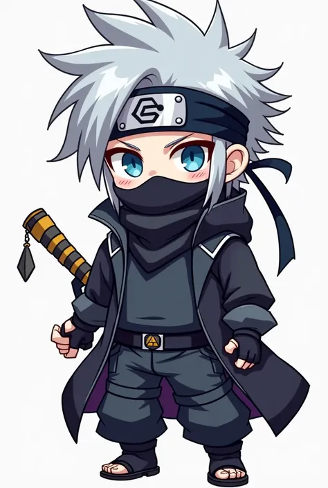  A mysterious, cool character with spiky silver hair, partially covered by a headband with a hidden symbol, and a calm, confident expression. They wear a dark jacket with a high collar and tactical pants, along with fingerless gloves. Their eyes are hidden...