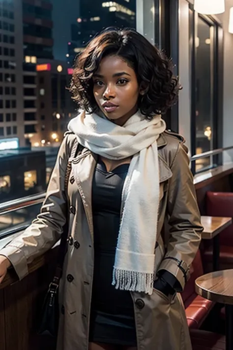 (best quality:1.7), (hyper-realistic:1.3), (((31 year old ivorian woman))), (((fit_body))), (((curly short black haired))), brown eyed, (((ebony skin))), front view, side view, back view, sharp focus, looking at viewer, (((wearing_orange_trench-coat))), ((...