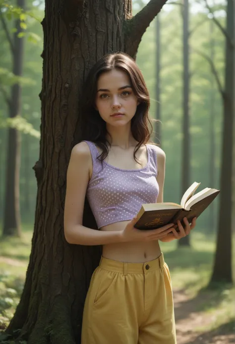 score_8_up , Young woman in forest, leaning tree trunk, long dark hair, light purple polka-dotted top, bottomless, holding open book at midriff, light skin tone, neutral gaze left. Blurred wooded background, varying green-yellow-brown trees, sunlit scene.