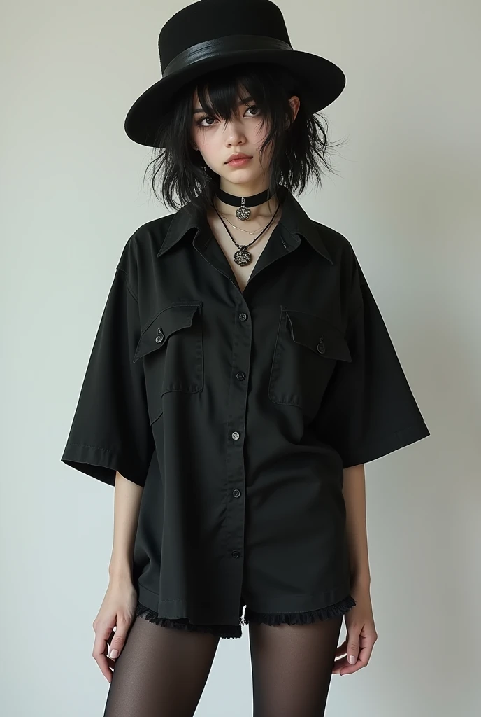 A 54 short flat chested girl with an extremely flustered face, wearing a oversized black shirt with short sized sleeves, a very tight short that are almost his due to the shirt being oversized. The girl also appears to be wearing black stockings, both of t...