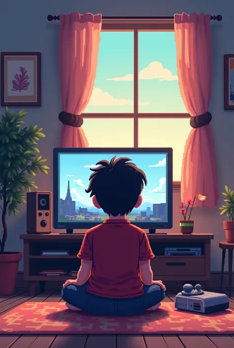  Create an image of a boy in your living room, playing video games. The era is 1990 .  The image must be made entirely in pixel art ,  with a simple and welcoming style ,  with a palette of soft colors ,  that evokes a sense of nostalgia and peace ."