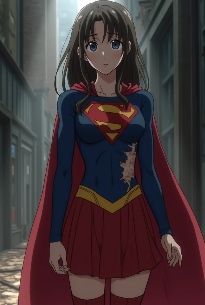 live-action、( Supergirl is cute Japanese ,   Supergirl has a scar on her chest :1.5)  ,  Expression of deep pain     ,      after being cut in the chest with a sword    , dramatic, dramatic tragedy  ,        blood is spewing out of the wound        , Stabb...