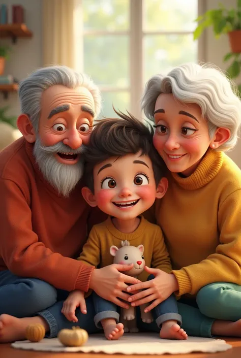 Create a 2D image for me a  boy with his grandparents