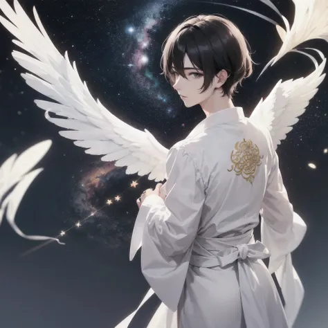 Masterpiece, high quality, beautiful eye, beautiful lip,  man in his 20s, angel like wings, white and black short hair, beautiful background ring on top of the head, night time, shine from the back, stars at the back, white korean traditional cloth