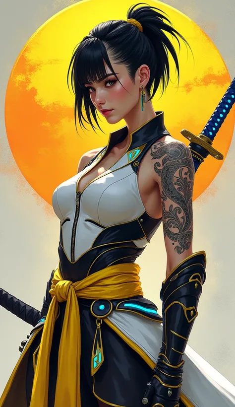 A fierce, stylish warrior woman with a modern samurai aesthetic, featuring short black hair swept to one side, partially shaved, adorned with intricate tattoos on her arm and shoulder. She wears a dynamic outfit in white, black, yellow, and blue, with a bo...