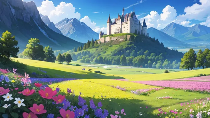 flat land, Mountain, (Castle:1.1), Grass, (flower  field:1.3), 1 girl back,