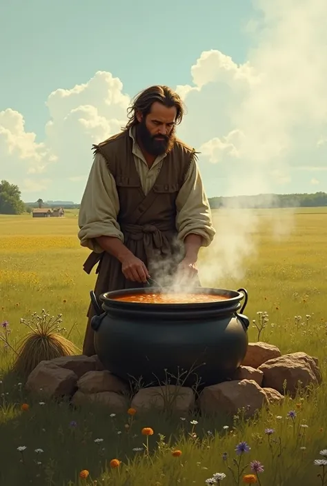 A peasant cooks eagle stew in a large cauldron in the middle of a field