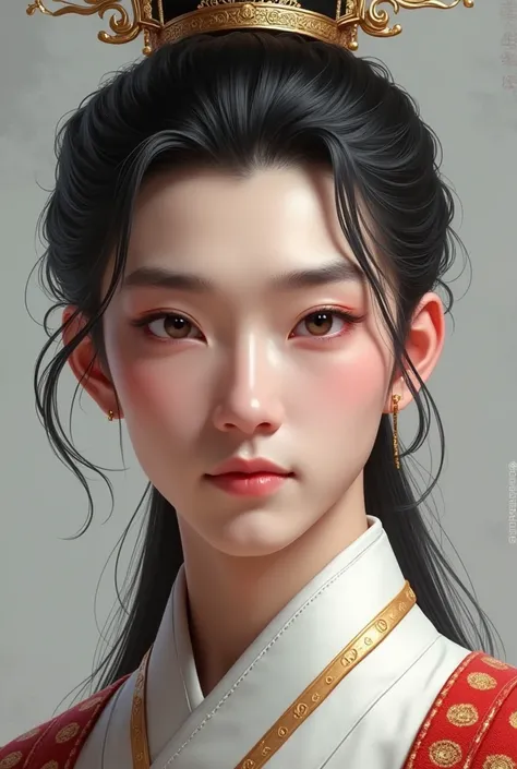 Young Chinese monarch with handsome eyebrows, nose, sharp eyes, white skin