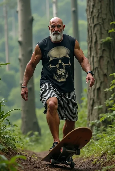  A very strong 50-year-old man , with pleated shorts ,  sleeveless black t-shirt with a large skull , bald,  half-long white goatee ,  mountainboarding in an Araucária forest