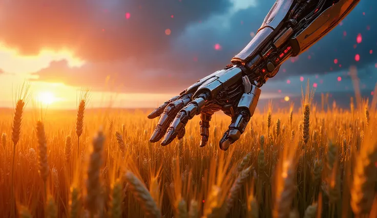 A lush wheat field, neon-lit sky, robotic hand brushing golden stalks, holographic family memories flickering in the background, cinematic, highly detailed, photorealistic, 8K, dramatic lighting, vivid colors, surreal, science fiction, Unreal Engine, volum...