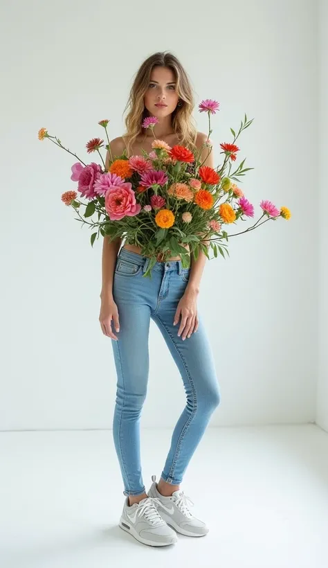 Create an image of flower top photoshoot, a bouquet of flowers as her top, skinny jeans as her bottom with belt, Nike Air Max Thea sneakers