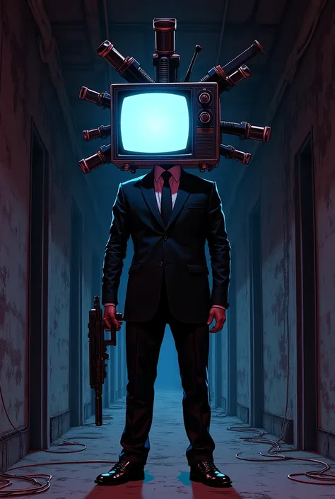  a man in a suit that became the head of a cathode-ray tube television is standing with multiple guns、The background is a black phone background with strange wiring and random floating in the air 、Illustration, delicate outline, cyberpunk neon coloring wit...