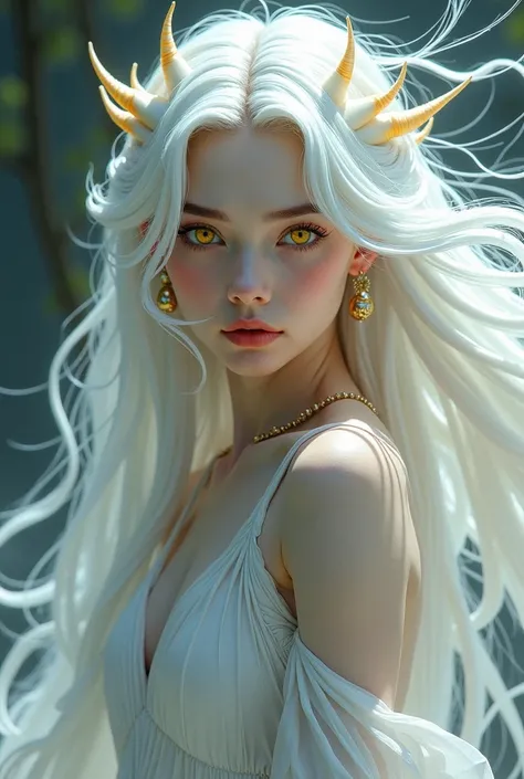 CINEMATIC, REALISM, Create a Manhua-style artwork featuring a woman with long wavy white hair,  yellow dragon eyes , seductive look, embodying the essence of a goddess of beauty. Shes metamorphosing into a white European dragon  