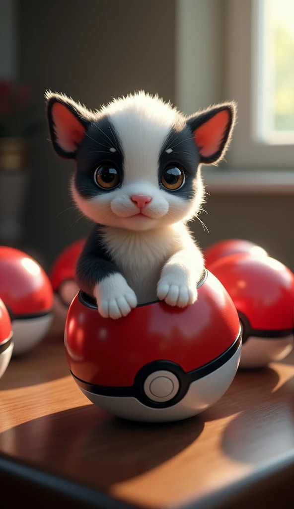  An ultra realistic cow puppy , SUPER CUTE,  with soft fur in shades of black and white ,  is inside an open Pokéball ,  that rests on a table .  The cub has large, expressive eyes ,  with a gentle and curious look , and a delicate snout . your coat, with ...