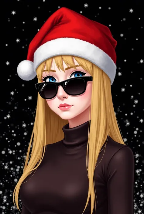 
The image is a digital illustration of a young woman wearing a red Santa hat and sunglasses. She has long blonde hair and is looking off to the side with a serious expression on her face. The background is black with white snowflakes scattered around, cre...