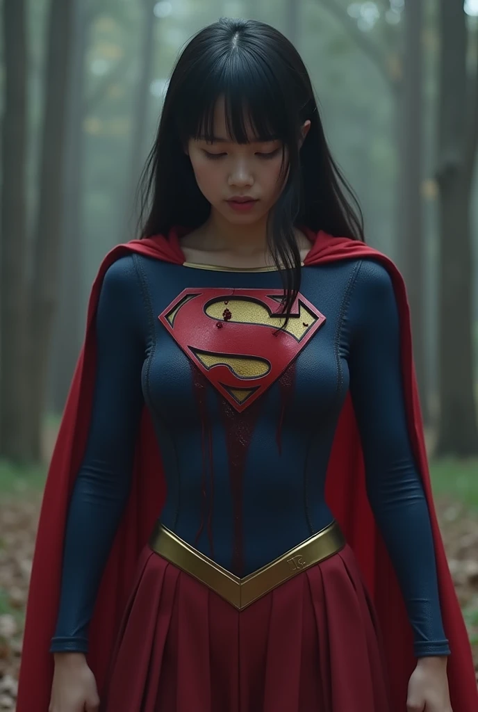 live-action、( Supergirl is cute Japanese ,   Supergirl has a scar on her chest :1.5)  ,  Expression of deep pain     ,      after being cut in the chest with a sword    , dramatic, dramatic tragedy  ,        blood is spewing out of the wound        , Stabb...