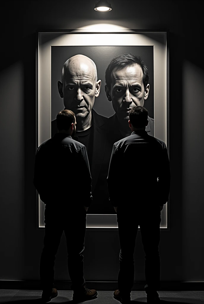 there are two men standing in front of a poster for a movie, poster, promo poster, promotional poster, dark!, official poster, by Alejandro Obregón, los carpinteros, full poster, black light movie poster, 3 heads, character poster, ad image, by Manuel Orti...