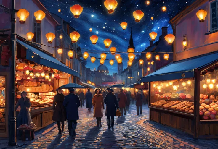 "An oil painting in the style of Vincent van Gogh, depicting a lively European night market under a dramatic swirling starry sky. The cobblestone street reflects the soft glow of scattered warm lanterns, which are spaced out naturally to provide a gentle, ...