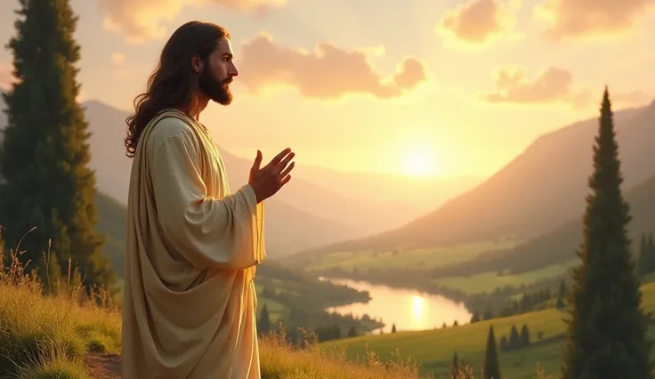 A breathtaking depiction of Jesus Christ in a magnificent natural setting, exuding peace and serenity. He has long, flowing brown hair and a soft, well-groomed beard, with a compassionate and loving gaze. Dressed in a simple white tunic and a flowing robe ...