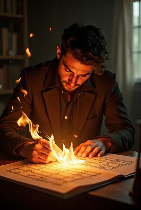 A man writes music and fire rises on the paper 