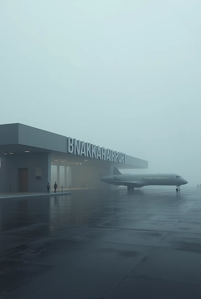 Bhakkar airport design pics with written name bhakkar airport bold words on enterrance foggy weather and people are walking on paltform parked aeroplane s