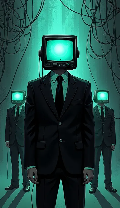 A man in a suit that became the head of a cathode-ray tube television is standing 、Background: Mysterious Wiring and Randomly Floating Showa Black Telephone Background 、 Illustration Delicate Outline Anime Touch Cyberpunk Neon Color Drawing Composition Mul...