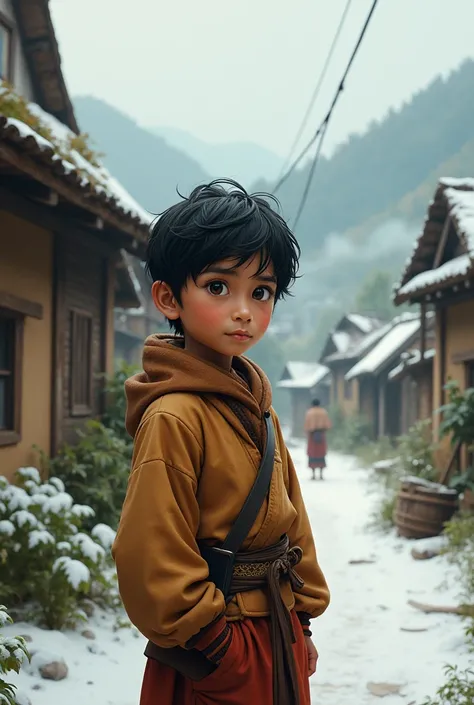 Indonesian boy black hair in the village on winter