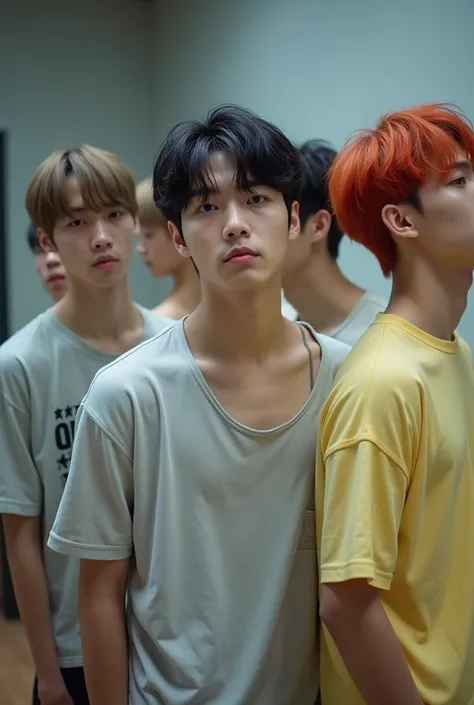 4 young Korean men look like K-Pop idols to rest because they have finished dancing in the practice room, their hair colors are different. They wore t-shirts, some also wore singlets And a wet from sweat, they are very handsome 