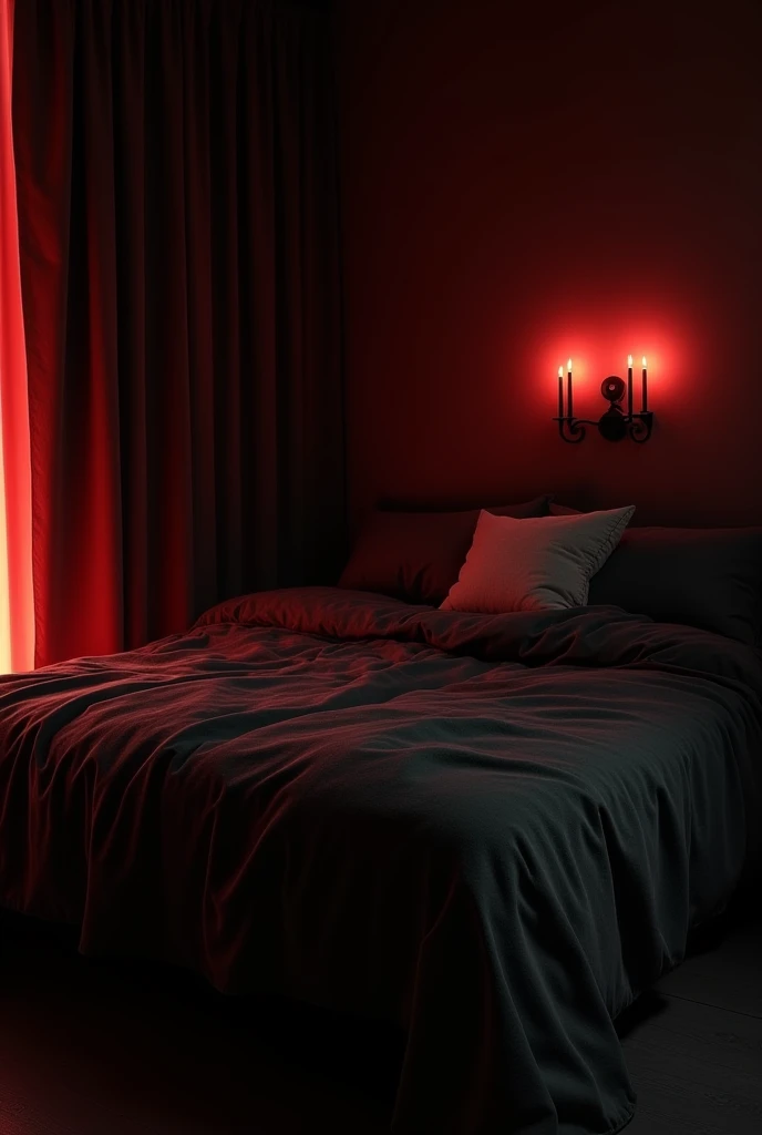  I would like to create a sadomasochistic room , with black bed ,  shimmering beige cushions , Black sheet ,  it looks like red lighting giving warmth to the image,  and some candlesticks with candles on the wall  