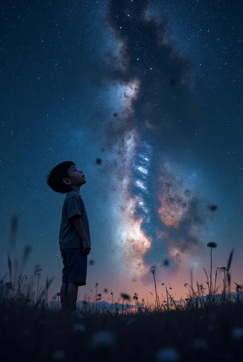 Make a youtube thumbnail for what is the actual size of our galaxy. Make a boy who watching galaxy and getting shocked to see the size of galaxy 