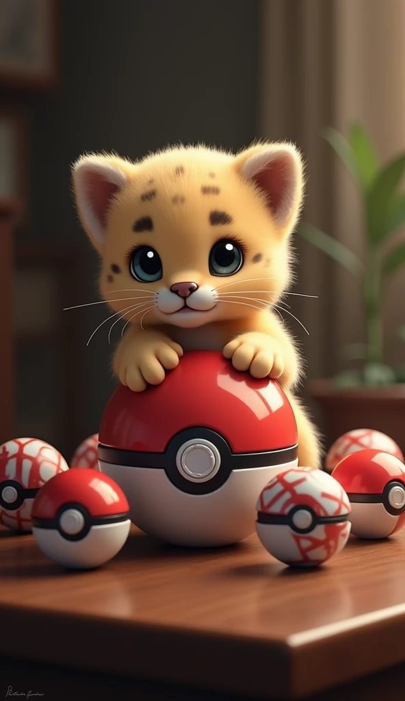  An ultra realistic puma cub , SUPER CUTE,  with soft, golden fur ,  slightly spotted with darker tones ,  is inside an open Pokéball , resting on a table .  The cub has large expressive and bright eyes , with a curious and soft look ,  and a small delicat...