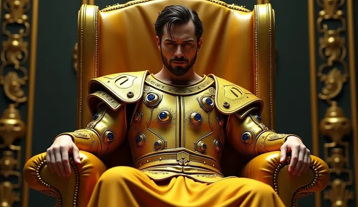 a cybernetic commodus from gladiator, seated on a golden, levitating throne, wearing a futuristic cyborg robe adorned with cyborg mechanical details, joaquin phoenix face, intricate details, hyper realistic, 8k, high quality, cinematic lighting, photoreali...