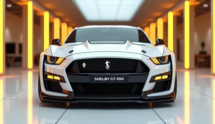 create an ultra-detailed 3D render rear view , of a modern 2025 Ford Mustang Shelby GT-350 with a bold design captured from rear view. The car should feature a Gleamy shiny  white   color with a brand    logo on its front, a large white detailed grille lik...