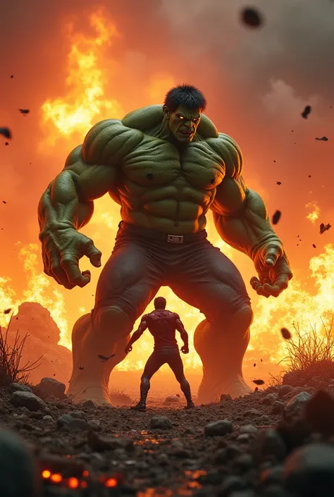 Play Jerry fighting the Hulk from the Marvel series in a fiery environment 