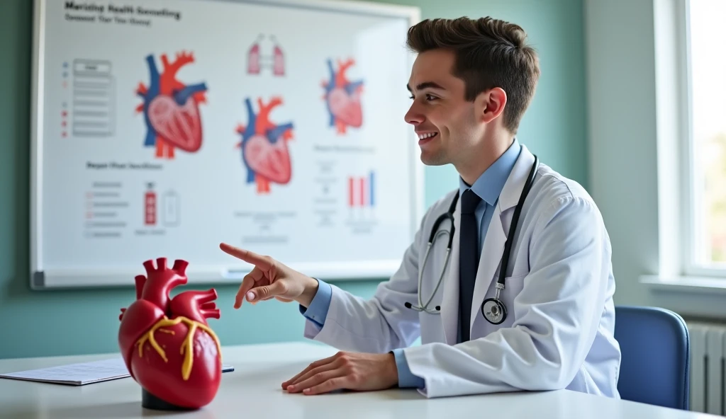 Prompt 3: /imagine prompt: A young, smiling doctor explaining information with an anatomical model of a heart on a table, while pointing to a whiteboard with graphics on cardiovascular health --ar 16:9