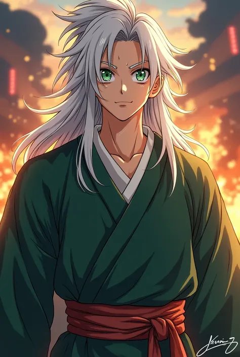 A male character from Anime, similar to Goku ,  long hair ,  shivering up ,  white hair,  green eyes,  dark green kimono with light ,  Zaiko style from Dragon Ball Af,  very detailed anime style ,  burning city background 